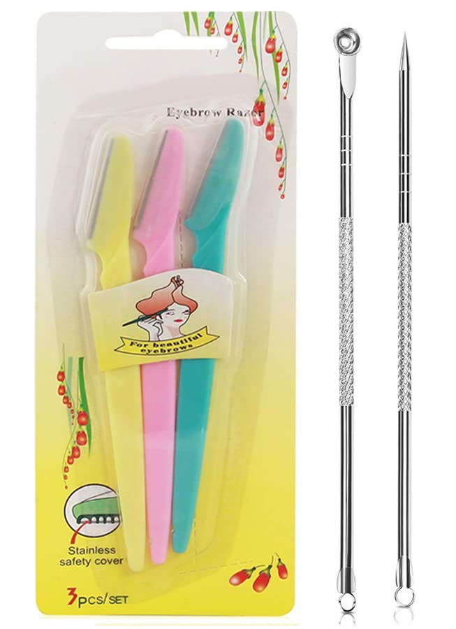 3 Pcs Eyebrow Razor Eye Brow Trimmer Shaver Facial Face Hair Remover Exfoliating Dermaplaning Tool Kit Stainless Steel Blades Eyebrow Shaper for Women With 2-1 Blackhead Remover Tool