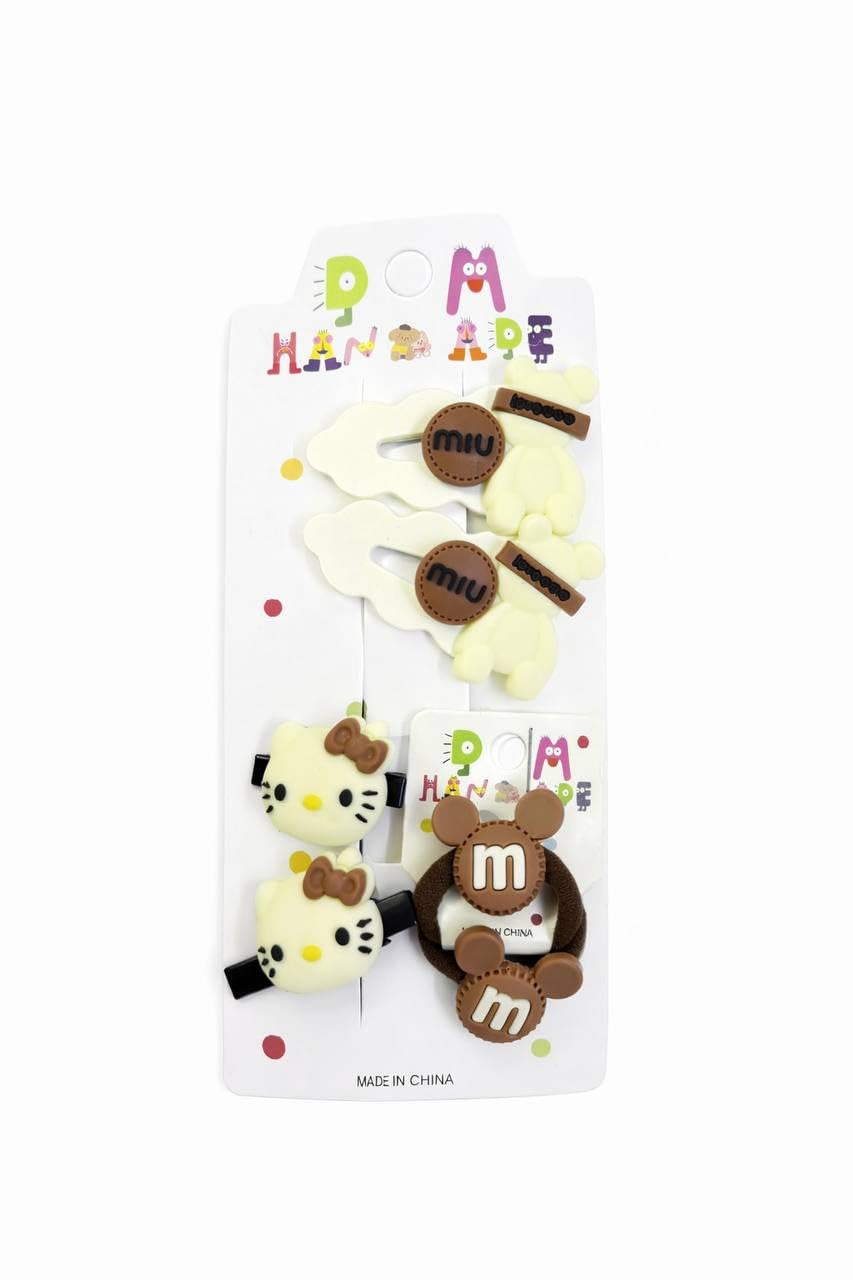 Cute Hair Accessories Set for Girls, 6 Pieces Cartoon Bear Rabbit Hair Clips Hair Rubber Set, Pastel Colors and Brown Earth