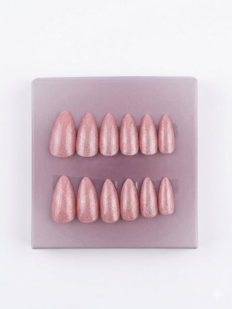 Pink Glitter Almond Fake Nails Full Set Fake Nails