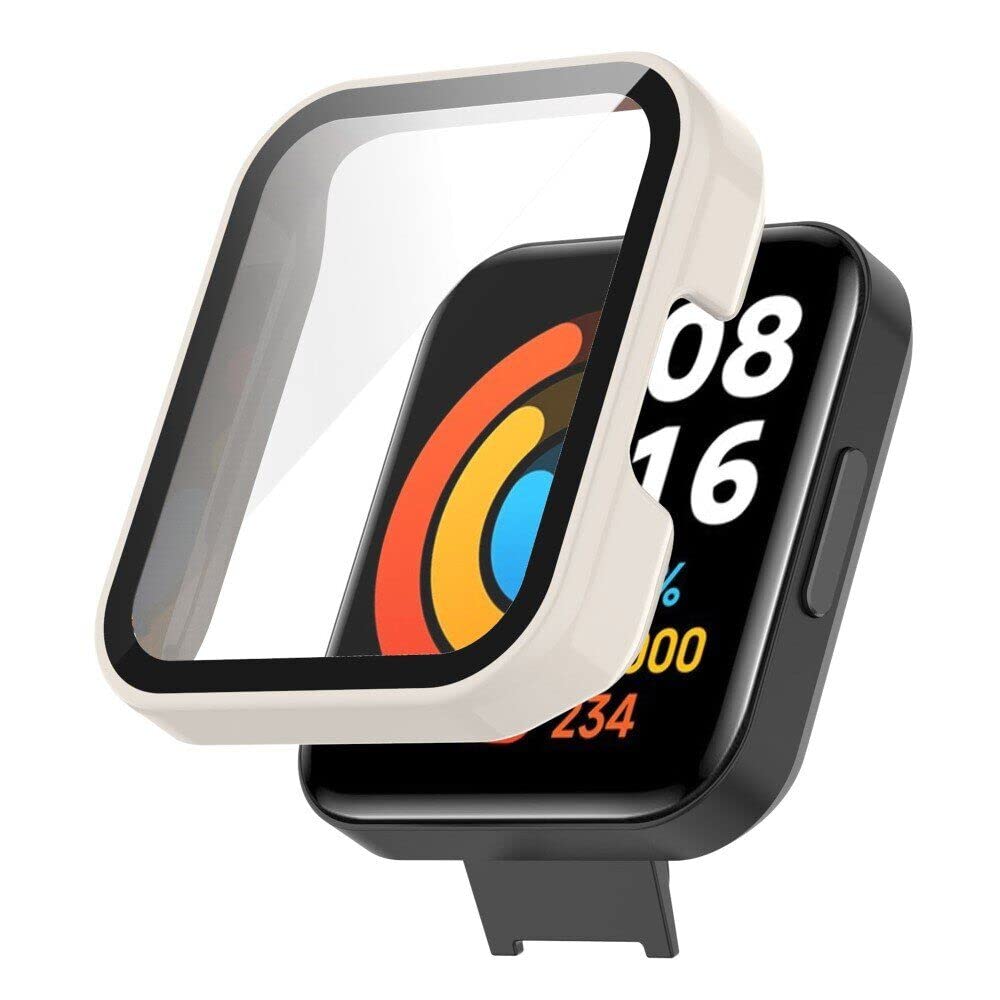 Dl3 Mobilak Protective Case Compatible with Xiaomi Mi Redmi Watch 2 Lite, 9H Hardness PC Case Bumper Full Slim Protective Cover with Tempered Glass For Redmi Watch2 Lite (Ivory White)