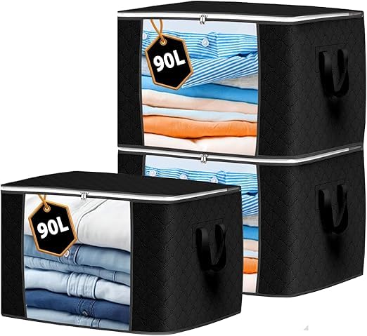Storage Bins with Handles, Black,Stackable Organizer Boxes for Clothes, Blankets (4, Black)