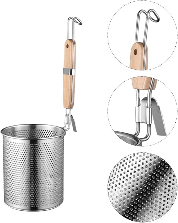 Stainless Steel Noodles Pasta Cooking Basket Strainer - Wooden Handle 15x30cm