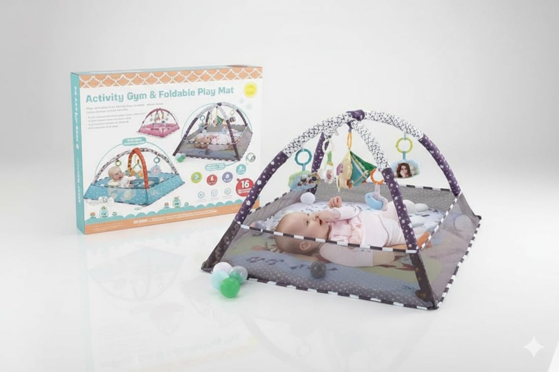 GHAZAL Baby Play Gym, 0-24 Months, Activity Mat with 5 Hanging Toys, Soft Cotton & EPE Foam, 80x80x55cm, 1.07kg, Machine Washable, Ocean Theme