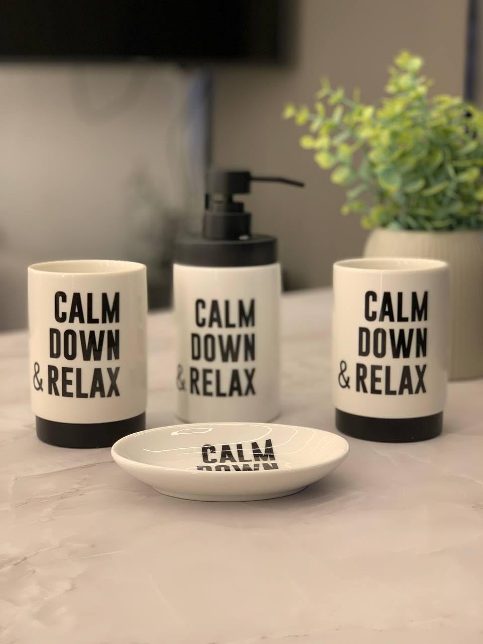 Porcelain Bathroom Set, White and Black, 4 Pieces, Includes Soap Dispenser, Toothbrush Holder, Tumbler, and Soap Dish, .soh