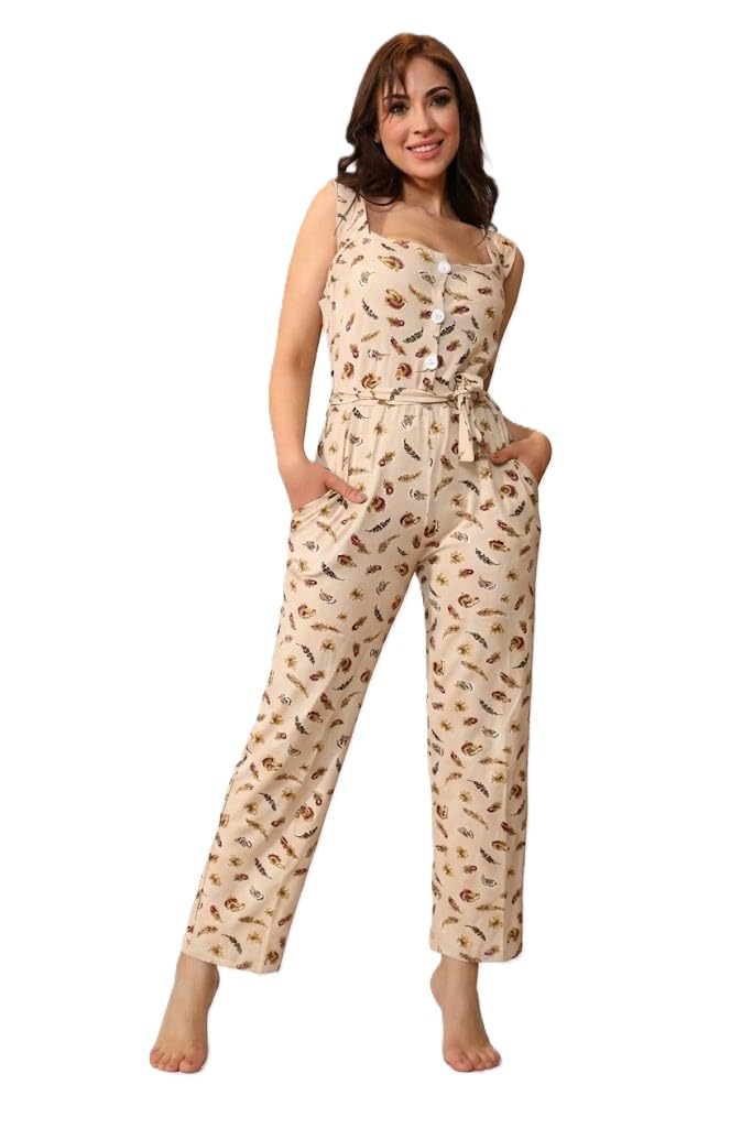 Women's Summer One Piece Pajamas Soft Cotton Feather Print Beige Sleeveless with Waist Belt Buttons