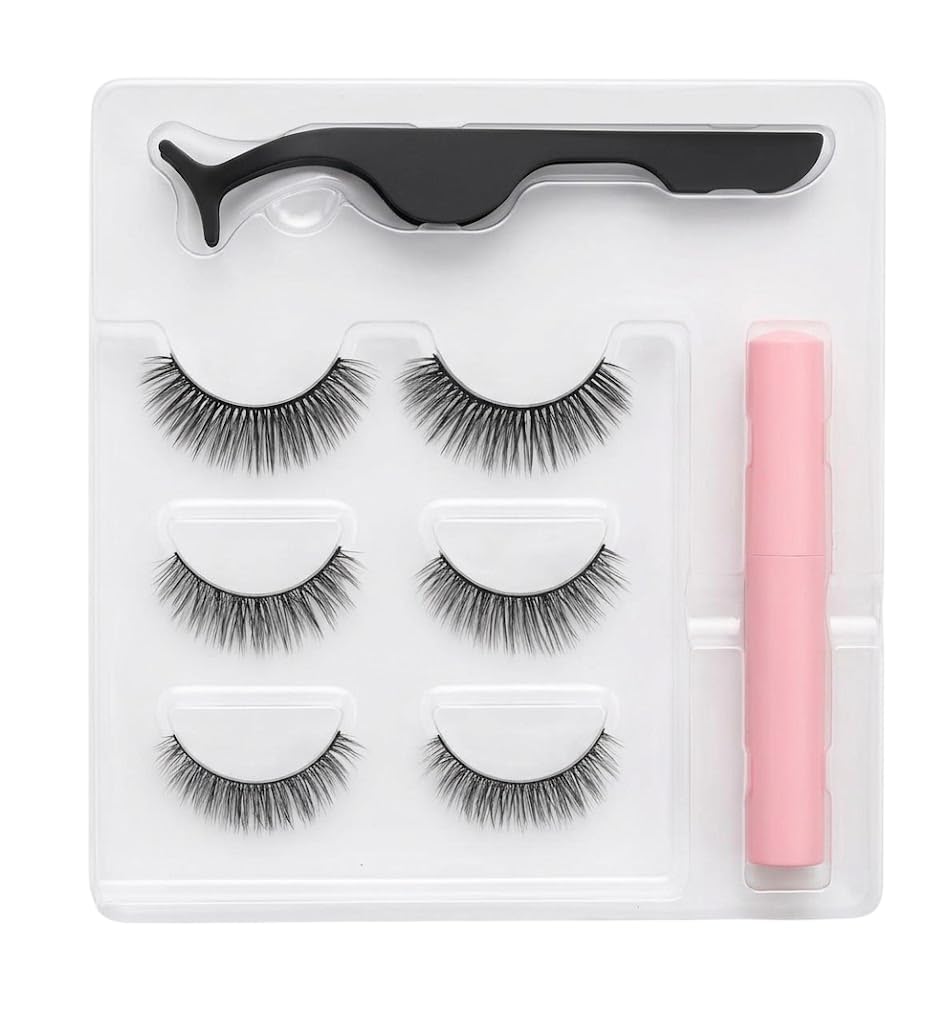 Magnetic Eyelashes for Women,Natural Reusable Magnet Eyelashes 3 Pairs Magnetic with Tweezers& Waterproof glue Eyeliner