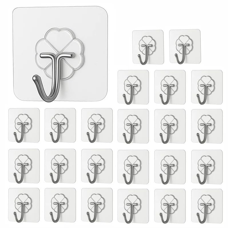 24 Pack Heavy Duty Self Adhesive Hooks - 33lb Max, Transparent, Waterproof, Sticky Wall Hooks for Keys, Bathroom, Shower, Outdoor, Kitchen, Door, Home Improvement, Utility