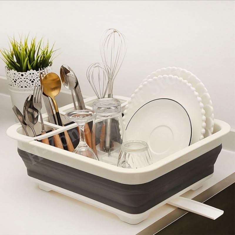 Foldable Dish Drainer & Cutlery Silicone Space Saving Kitchen Portable Dish Drying Organizer with Utensil Holder, Flexible Washing and Drying Sink for Narrow Places and Trips
