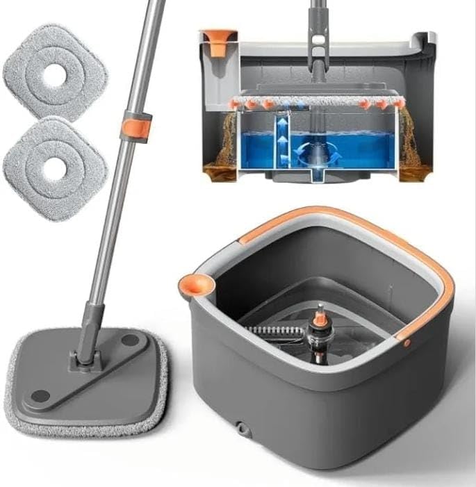 ZLZIDAN Spin Mop and Bucket Set with Self Separation System for Dirty and Clean Water Unbreakable 360 Degree Rotating Square Mop Head Self Wringing Mop for Wood Tile Marble Floors.
