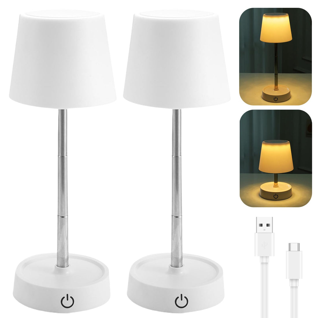 LED Table Lamp Battery USB Rechargeable Pack of 2 Telescopic Table Lamp Wireless LED Battery Table Lamp Bedside Lamp Warm White Touch Bedside Lamp for Bedside Table, Living Room, Bedroom
