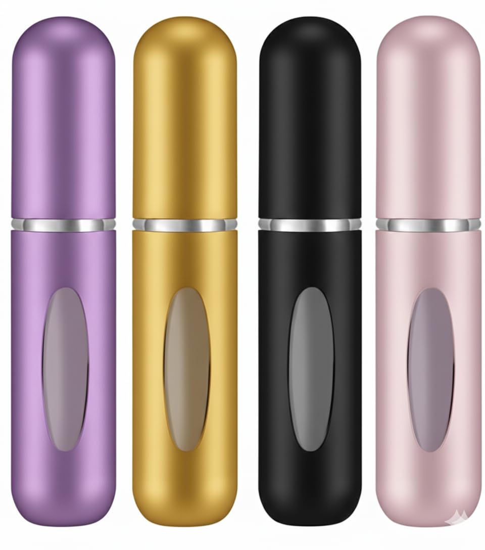 Mini Refillable Perfume Portable Atomizer Bottle Refillable Perfume Spray, Refill Pump Case for Traveling and Outgoing (5ml, 4 Pack) (Purple, Gold, Black, Pink)