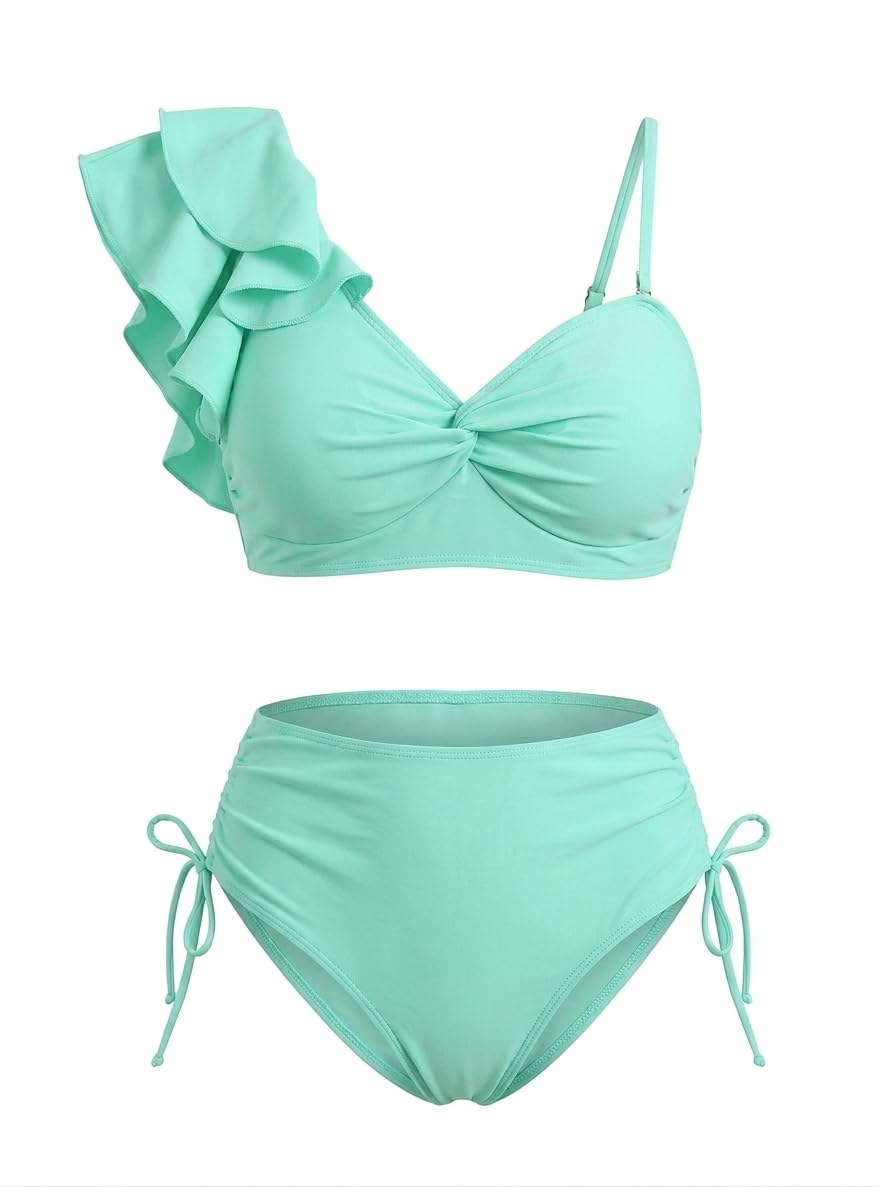 Swim Women Solid Color Spliced Bikini Set With Ruffles, Twist And Separated Bikini Set For Vacation,Summer Beach Green - size