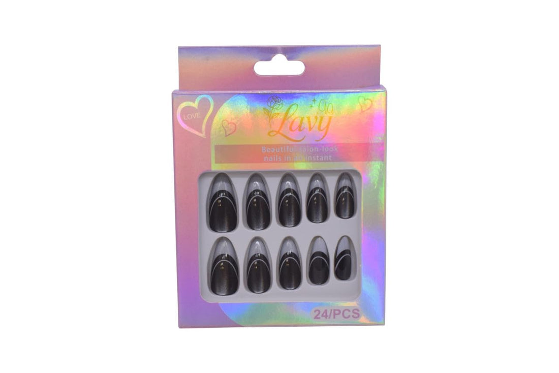 Lavy Double French Tip with Veins Press-On Mink Nails 24-Piece Set - Glossy Black