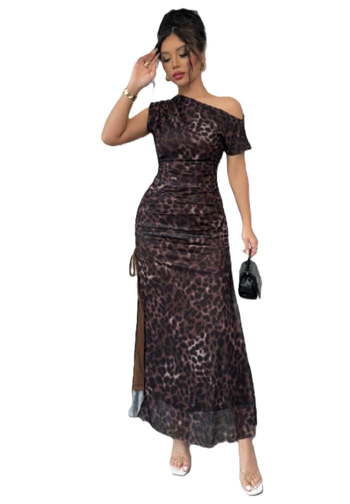 Elegant Leopard Print Maxi Dress, One Shoulder, Ruched Design with Side Slit, Brown