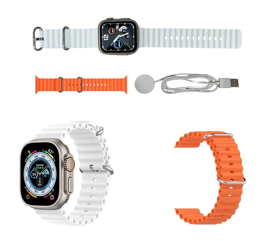 New X9 Plus Ultra2 smart watch HD Display, Fitness Tracker, Calls, Music, SpO2, Weather, Calender, Wireless Charging, wearfitpro app in IOS, android for men, women (Orange, White Strap)