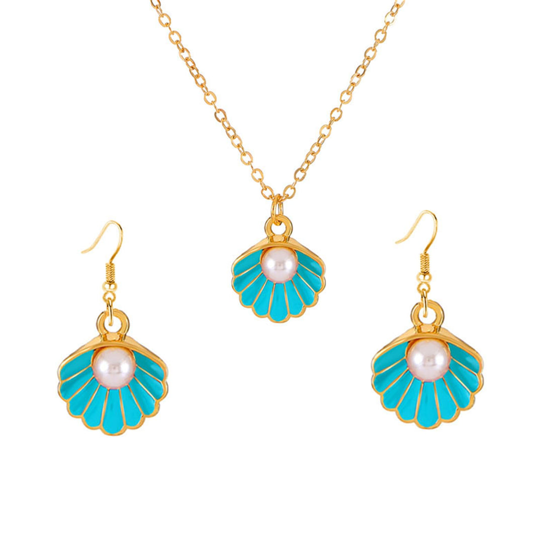 Dreuyet Seashell Pearl Necklace Earrings Set for Women Fashion Enamel Boho Pink Blue Scallop Sea Shell Pendant Necklace Beach Holiday Jewelry Gifts