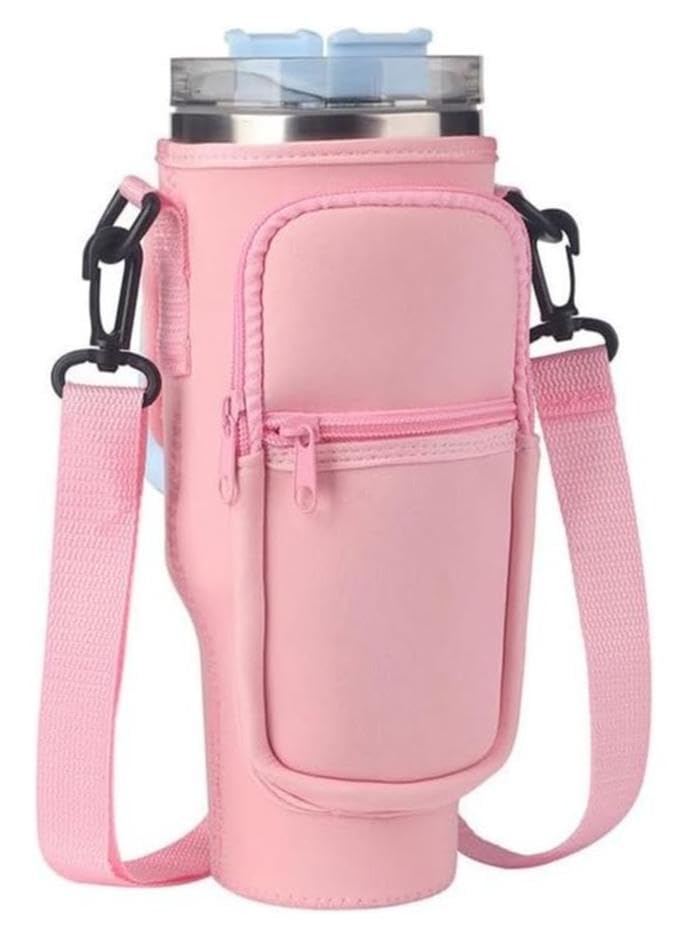 Showday Water Bottle Carrier Bag for Stanley 40 Oz Tumbler, Water Bottle Holder with Shoulder Strap and Phone Pocket (Pink)