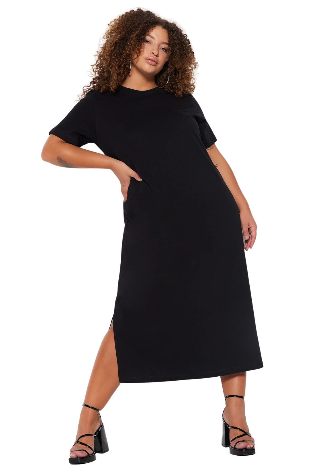 Trendyol Women Black Crew Neck Slit Maxi/Long 100% Cotton Knit Dress TBBSS23AH00159 Plus Size Dress (pack of 1)
