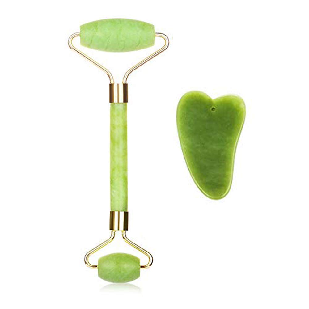 Jade Roller & Gua Sha Set,Jade Roller for Face,Real Natural Anti Aging Jade Stone Face and Neck Skincare Massage Tool, Reduces Wrinkles and Tightens Skin