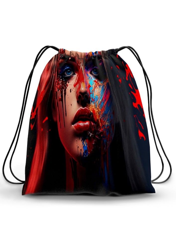 Drawstring Backpack with Artistic Face Design, Multicolor, Plastic, 50 Grams