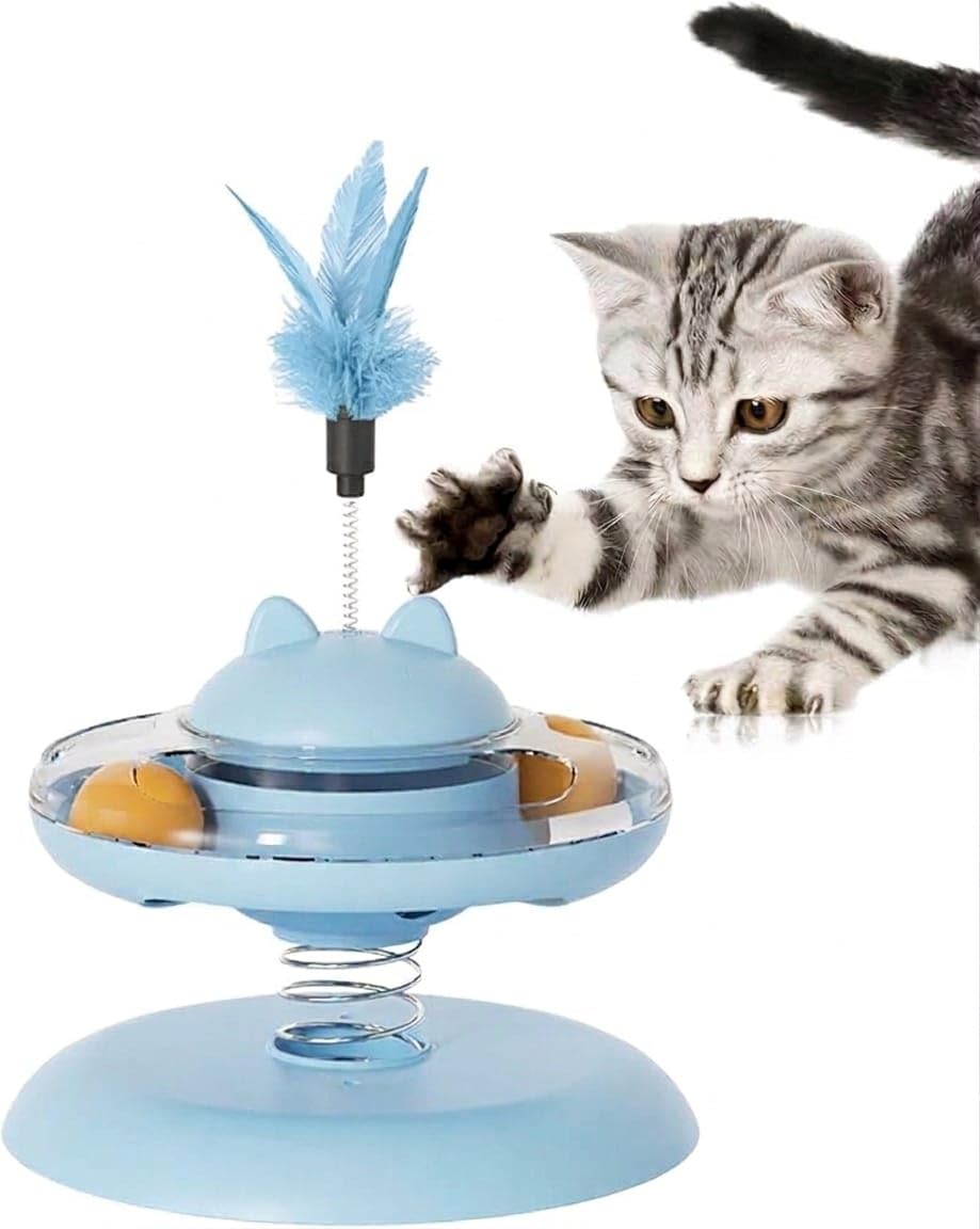 Interactive Tumbler Cat Toy Wobble Chase Treat Dispensing Puzzle Toy with Feather Teaser Wand and Spinning Ball IQ Training Slow Feeder for Indoor Cats Kittens Blue Yellow Green (Blue)