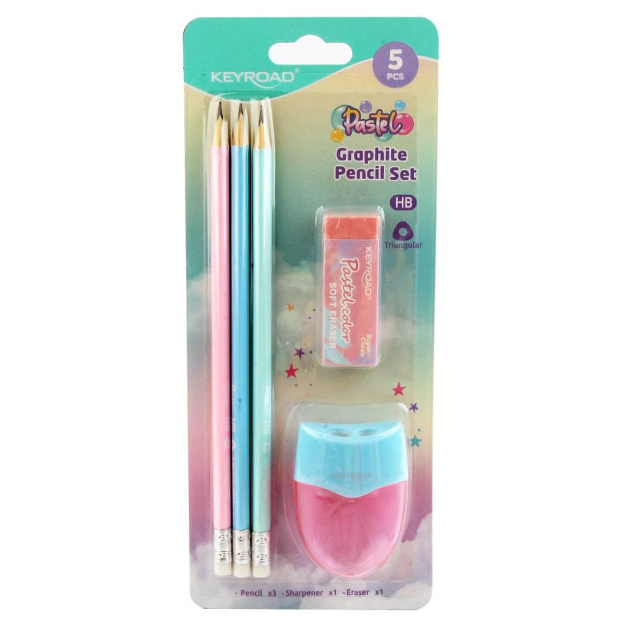 Keyroad Pastel Pencil Set OF 3 Pencils + Eraser + Dual-Hole Sharpener Model KR972782