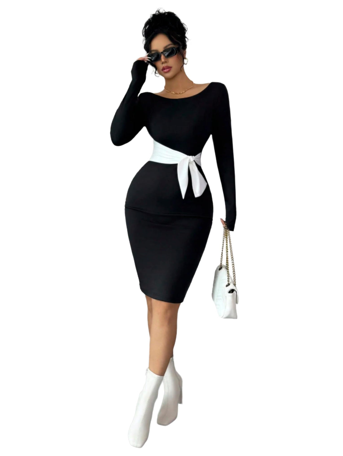 SHEIN Women Dress - 2-Way Reversible Black and White Colorblock Midi- Long Sleeve Off-Shoulder Bodycon with Belted Knot Detail - Sophisticated High Waist Party Dress for evening and party