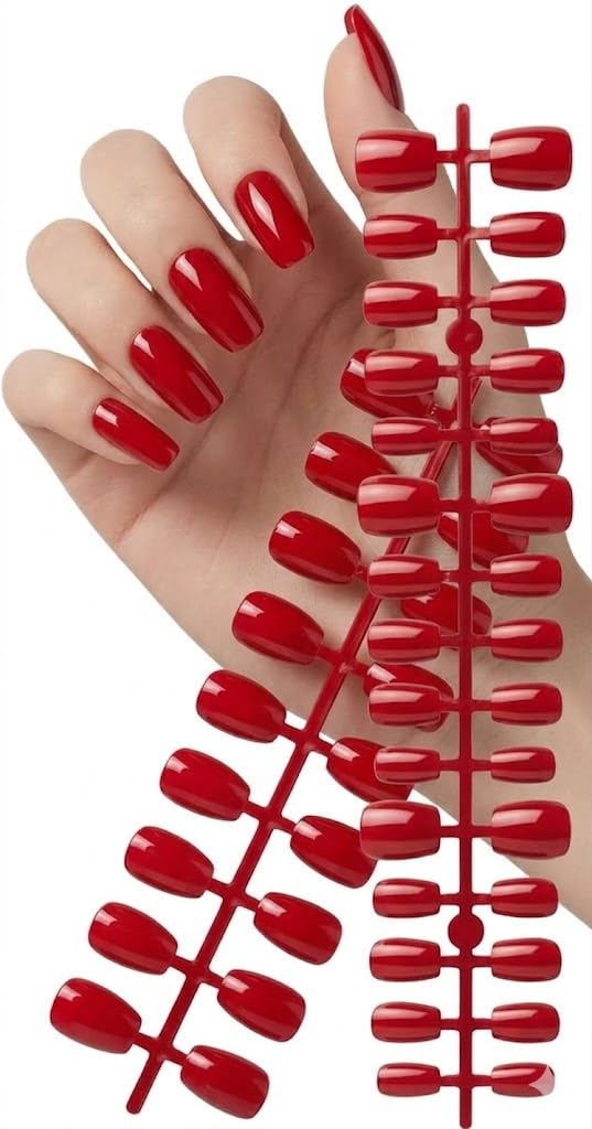 3D NAILS - 24pcs PRESS ON NAILS Medium SQUAER SHAPE - MIRROR False Nails, Perfect For Parties+ 1 SHEET DOUBLE FACE-DARK RED