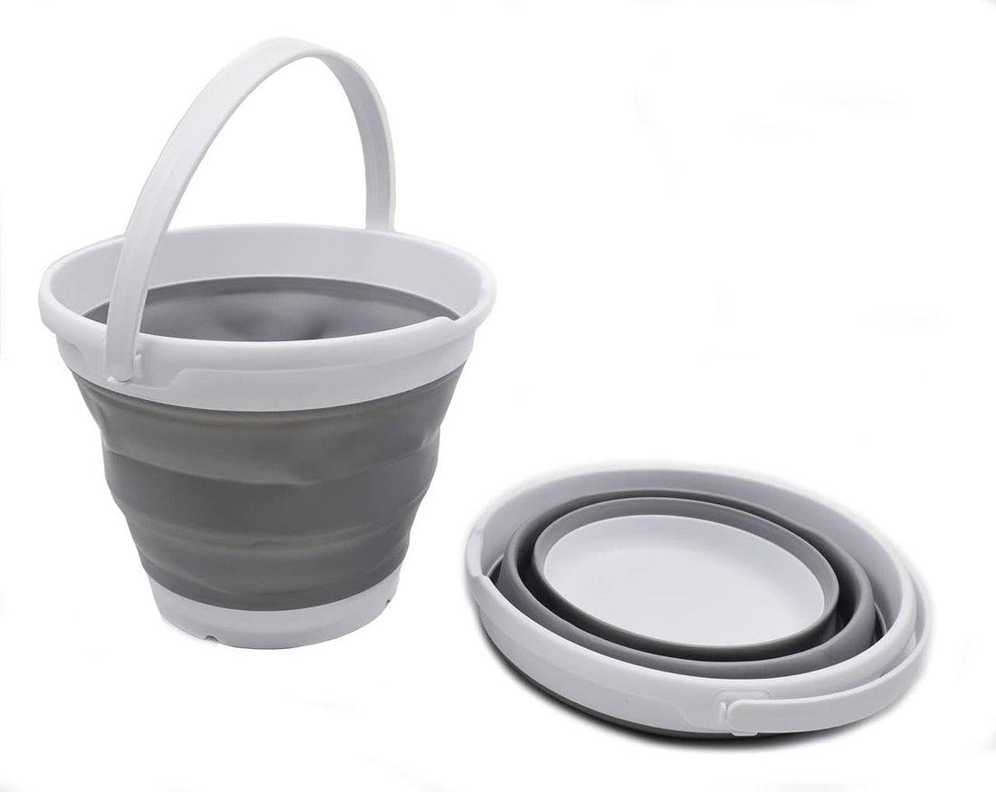 Generic Collapsible Silicone Bucket with Handle, Grey and White, 10 Litre Capacity, Foldable Space-Saving Design, .hg