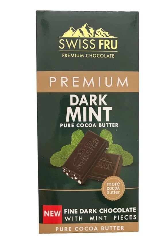 Swiss Fru Premium Dark Mint Chocolate Bar, Fine Dark Chocolate with Mint Pieces, Pure Cocoa Butter, 80g