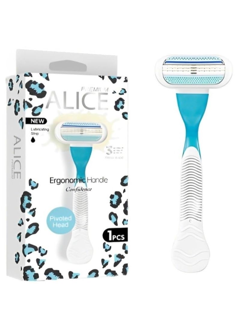 Alice - Razor For Women, Premium Alice, Ergonomic Handle, Pivoted Head, Confidence, New Lubricating Strip, 1 Piece, Baby Blue & White, For Dry Skin (Triple Blade, Model - AS-22)