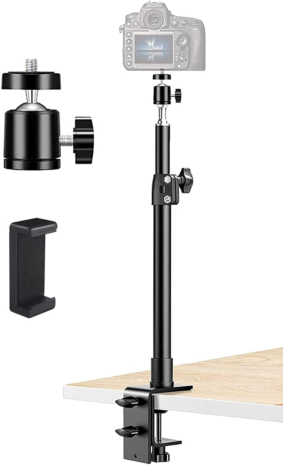 SHOPEE Camera Desk Mount Stand with 360° Rotatable Ball Head for DSLR/Webcam/Ring Light/Video Light, Adjustable 12-20inch Aluminum Tabletop C Clamp for Make Up, Live Streaming, Photo Video Shooting