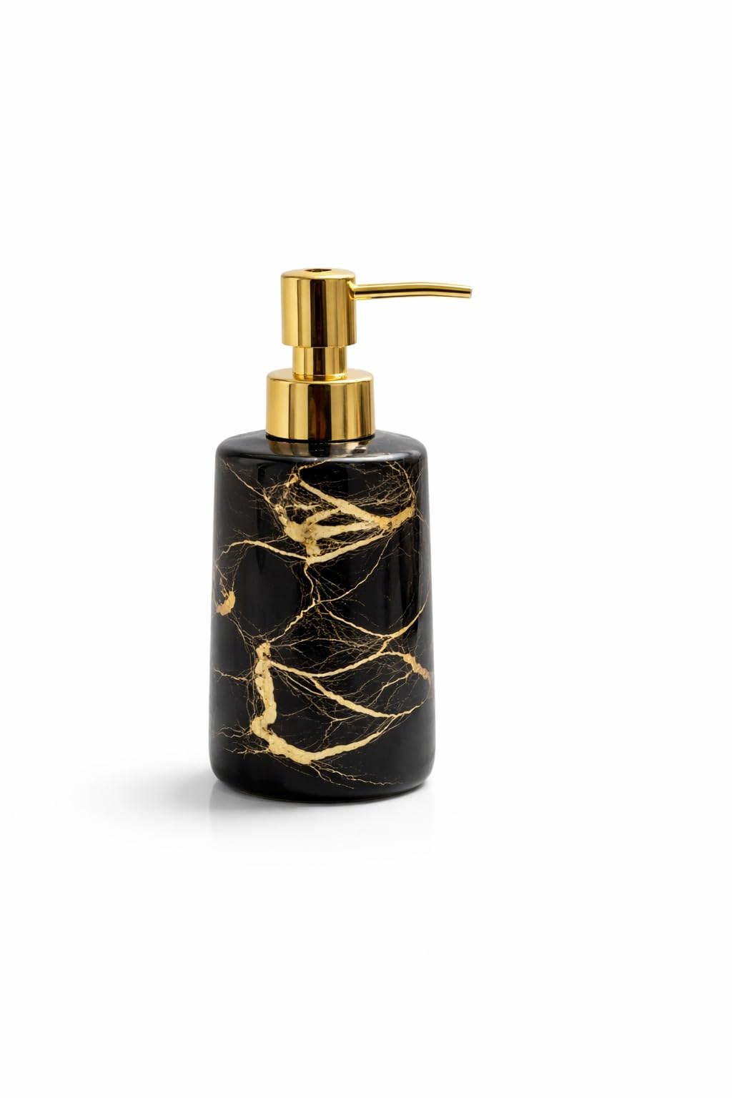 Marble Design Porcelain Liquid Soap Dispenser with Gold Pump – Elegant Soap Dish for Bathroom and Kitchen, Modern Counter Decor (Black in Gold)