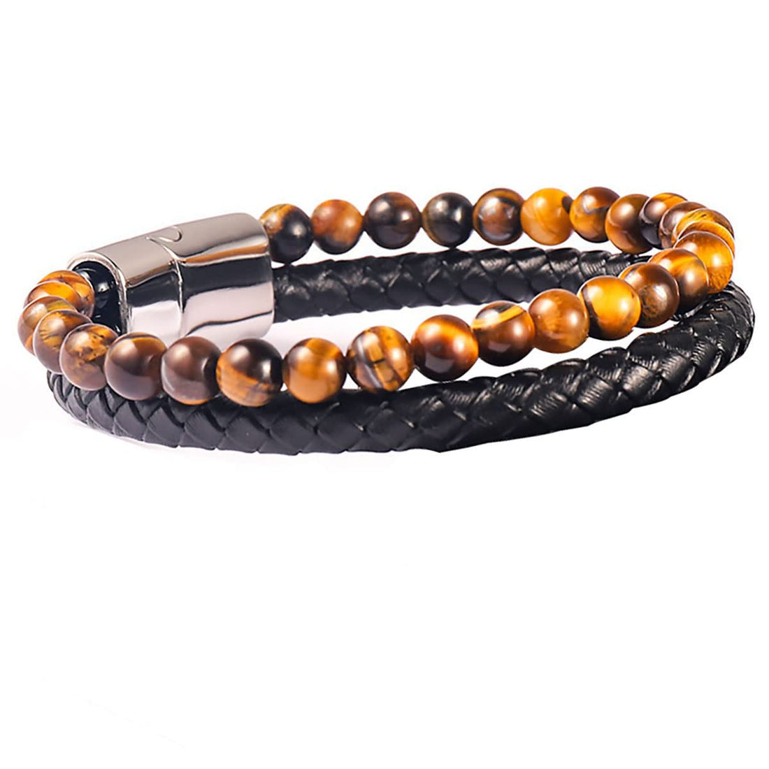 BBHKKL Men's Leather Bracelet Natural Stone Tiger's Eye Braided Agate Bracelet, 21.5 centimeters, stainless steel