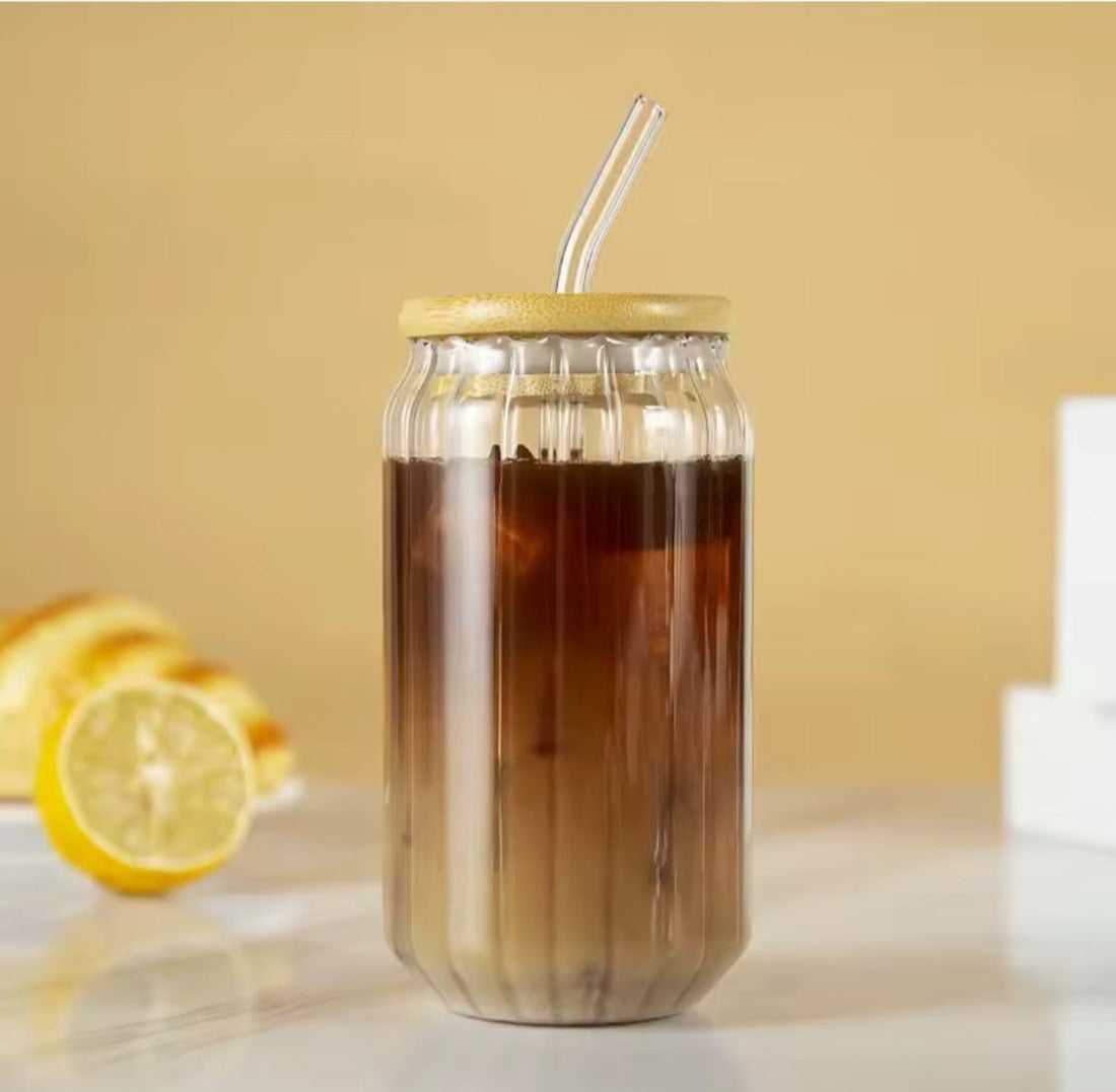 Ribbed Glass Mug with Bamboo Wooden Lid and Glass Straw - "Can" Design Glass Mug for Cold and Hot Drinks, Iced Coffee, Heat Resistant and Easy to Clean for Home Office (Ribbed)
