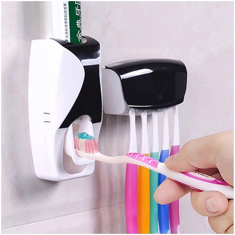 JUZR Toothbrush Holder with Cover Automatic Toothpaste Dispenser Set Dustproof with 3M Sticky Suction Pad Wall Mounted Kids Hands Free Toothpaste Squeezer for Washroom (Color May Vary)