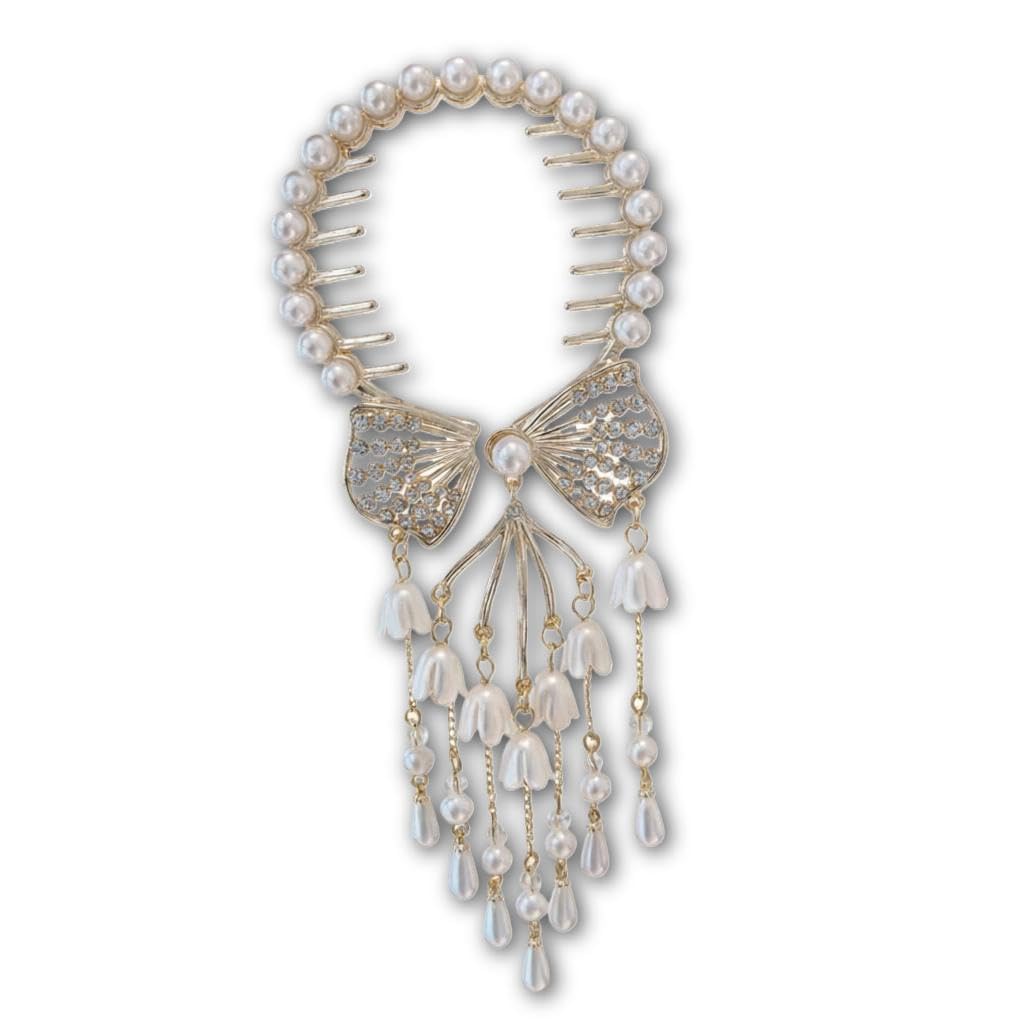 Rhinestone Bow Clip - Elegant Hair Bun Holder with Pearl Flower and Gold Tassel Accent (model 1)