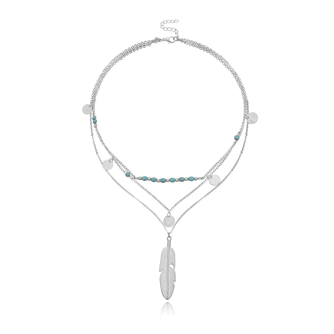 Turquoise Leaf Pendant Necklace Bohemian Choker Sequins Tassels Chain Jewelry for Women Girls (Silver B), Metal, not known