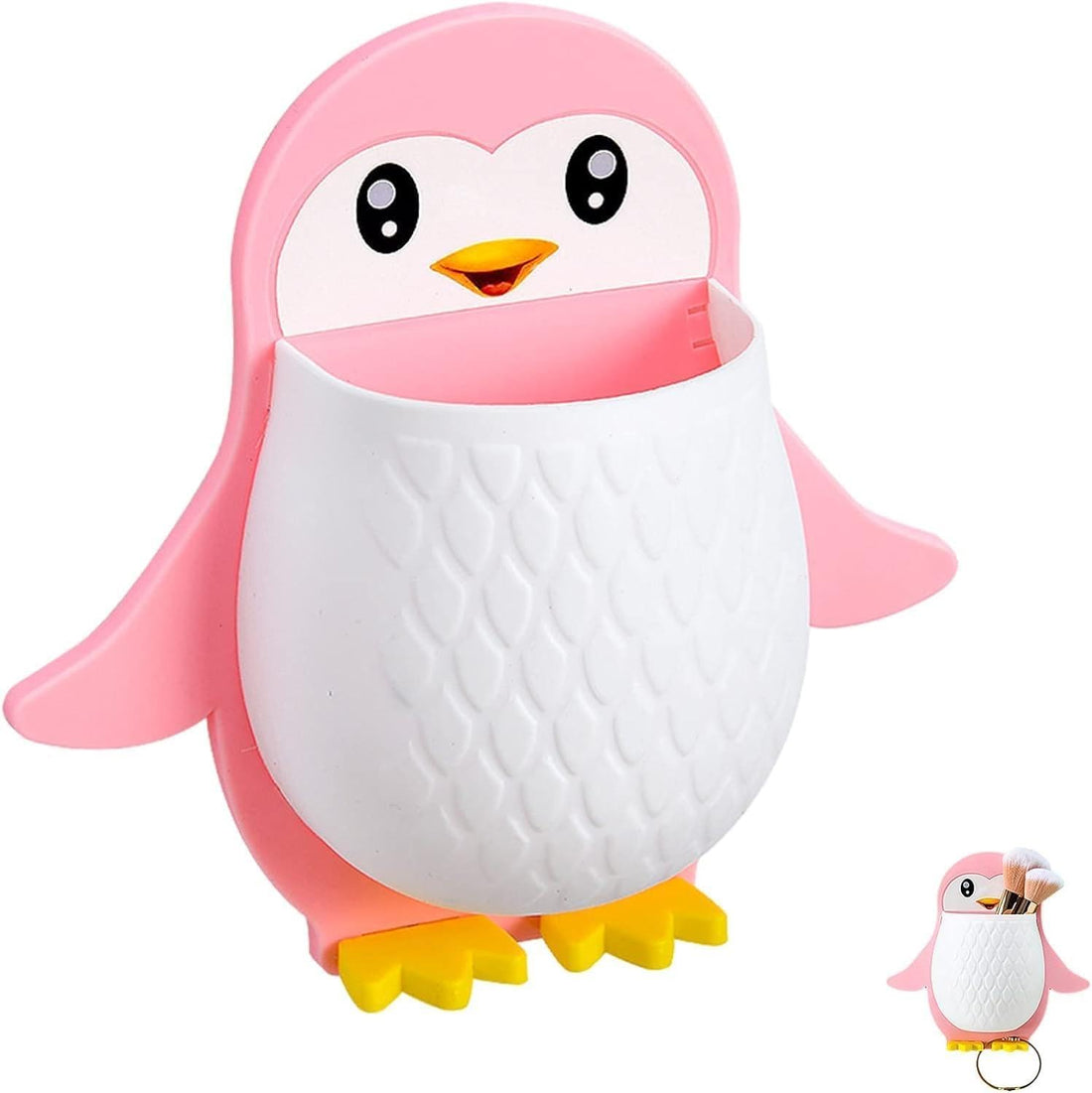 STICK HOLDER - Multi-use penguin organizer for brushes, pens and cosmetics. Holds firmly on smooth walls or desks. Saves space in bathrooms and offices with a cute cartoon look. Easy to install withou