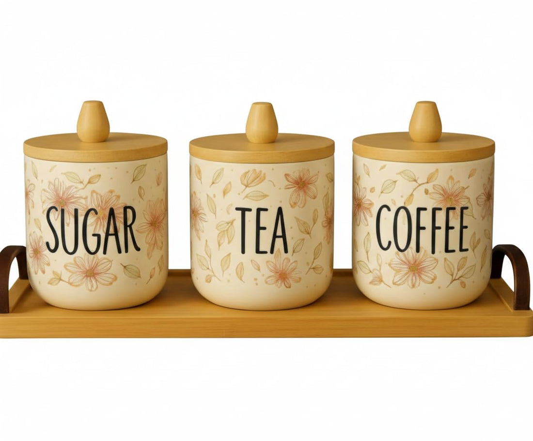 Home Care TT-1534-A 3-Piece Porcelain Tea/Sugar/Coffee Set Stylish Kitchen Storage, Pack of 1 - White Porcelain