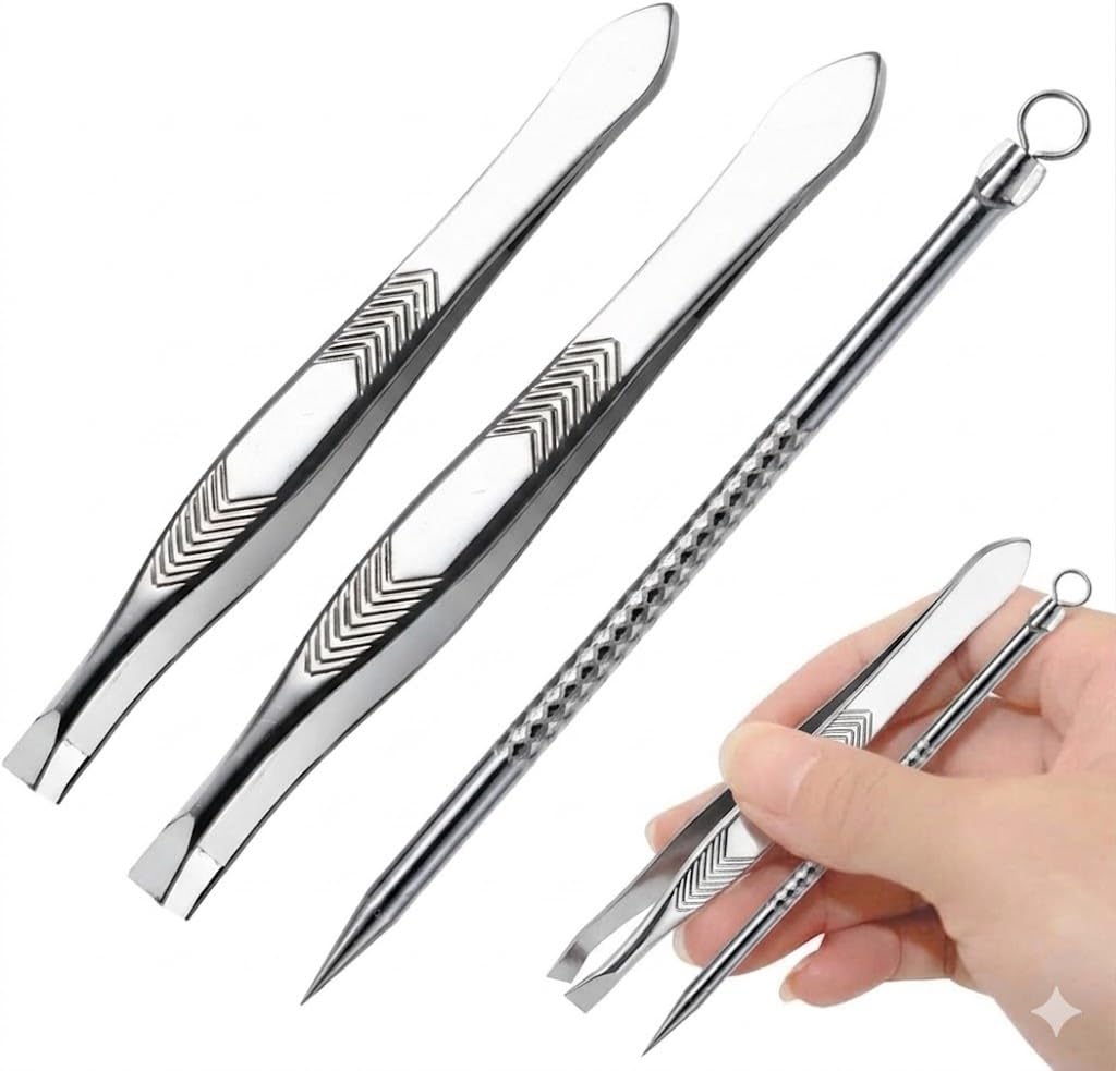 Eyebrow Plucking Clip Makeup Sets Beauty Instruments Personalised Eyebrow Tweezer and Acne Needle Set -3pcs -silver