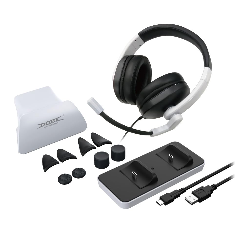 Dobe 12 in 1 Game Kit for PS5 1*dual charger base (TP5-0591), 1*stereo headset (TY-1802), 1 set of PS5 handle trigger button, 1 set of PS5 handle rocker cap, 1*PS handle display stand, 1*Type- C wired