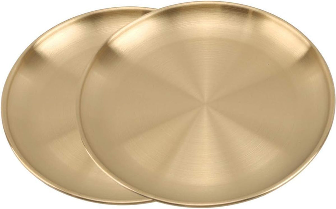 Set of 2 Stainless Steel Round Dinner Plates Great for Picnic Camping Outdoor Break-resistant Dishwasher Safe 26cm Gold Number of Pieces