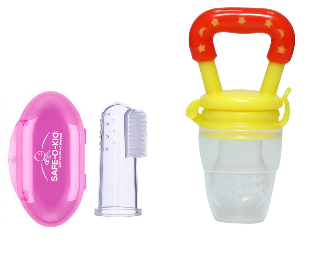 Safe-O-Kid BPA-Free 2-in-1 Baby Care Combo – 1 Finger Tongue Cleaner with 1 Fruit Feeder for Healthy Growth (Assorted Colours)