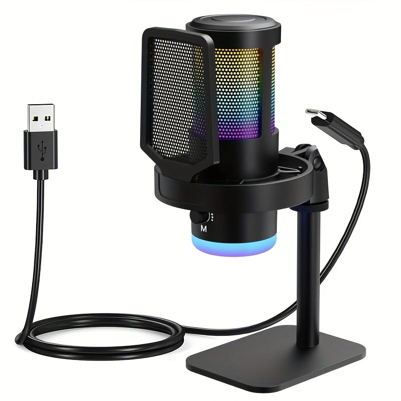 USB RGB Condenser Microphone Broadcast – Professional Studio Mic with Customizable RGB Light, Pop Filter & Metal Stand