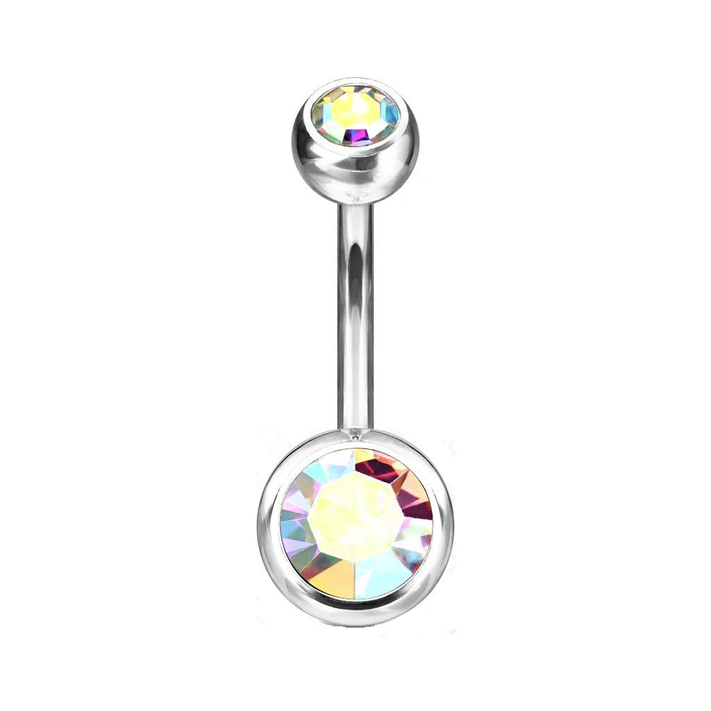 Titanium Belly Bar with Aurora Borealis CZ Gem Balls, Titanium