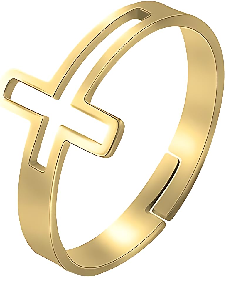 Ring Grace Cross Simple Handmade And Style korean Gift For Women Fashion Day Wife Lover Stainless Steel 18K gold Plated - Opening Adjustable