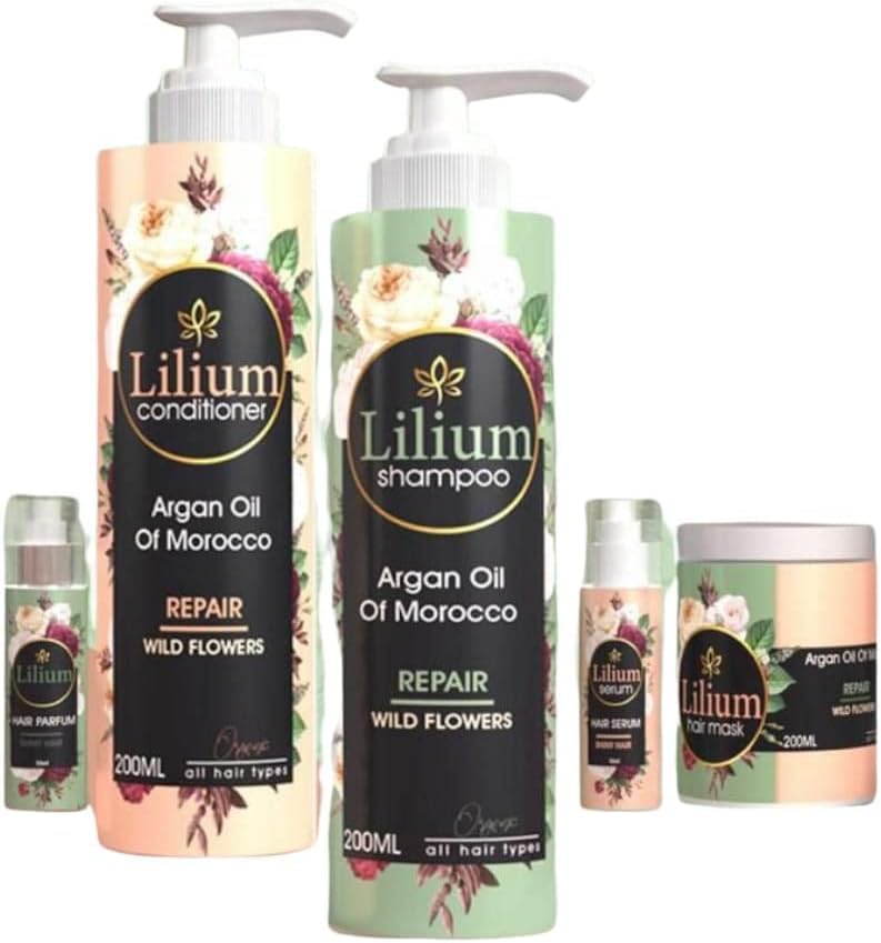 Lilium Argan Oil Hair Care Set – 4 Pieces with Wild Flowers Oil | Shampoo, Conditioner, Hair Mask & Serum for Repair & Nourishment