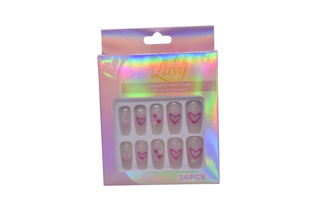 Lavy Ombre Coffin Shape with Heart Design Press-On Mink Nails 24-Piece Set - Pink