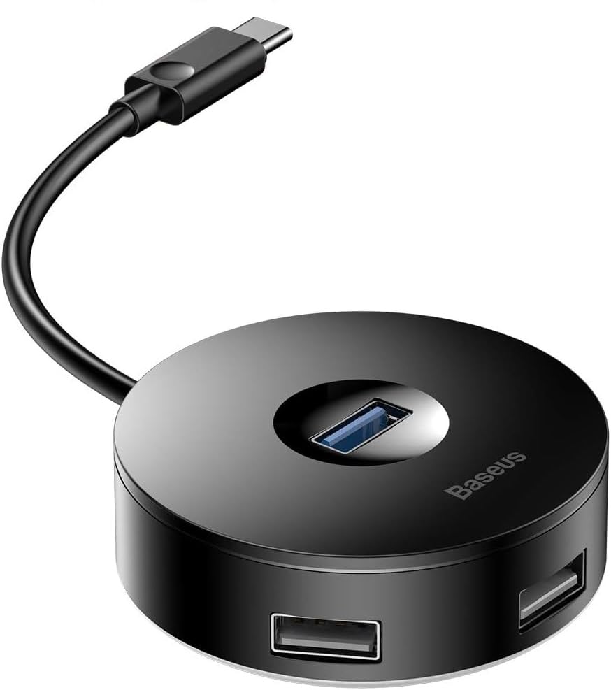 Baseus 4in1 USB-C Hub Round Adapter Box | 1x USB 3.0 & 3xUSB 2.0 Ports | 5Gbps Data Sync | Micro USB Power Port for 4TB Hard Drives | For Apple MacBook, Surface Pro, Laptop, Mobile, Tablet, iPad Pro